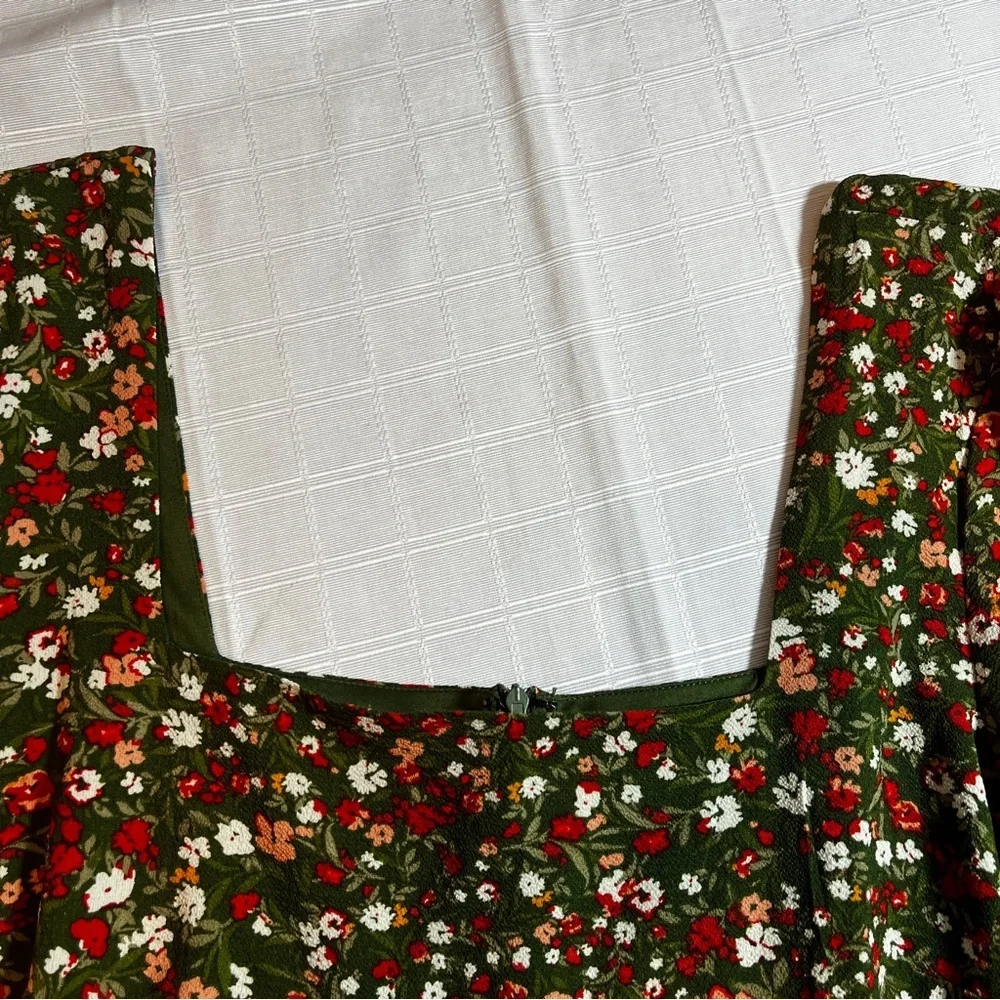 BCBG Olive Green Babydoll Micro Floral Peasant Women's XXL Dress Square Neckline - Picture 9 of 13